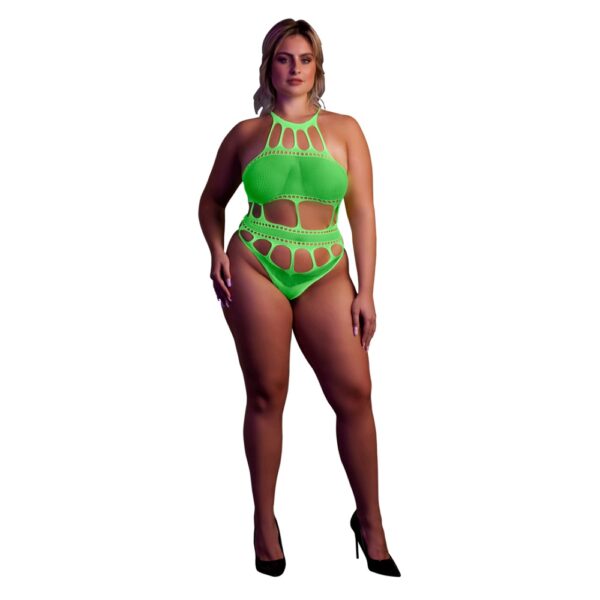 Cut Out Thong Bodysuit Neon Green Plus Size