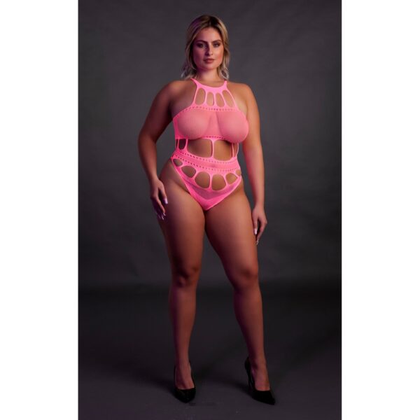 Cut Out Thong Bodysuit Neon Pink Plus Size - Image 5